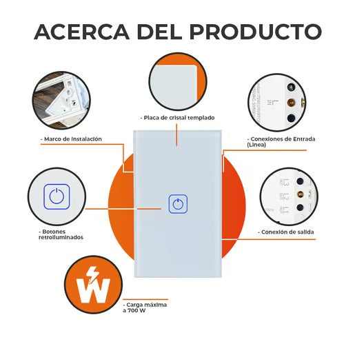 APAGADOR INTELIGENTE TACTIL WIFI 1 CIRCUITO SIN CABLE NEUTRO COMPATIBLE CON APP MOVIL Y ASISTENTES DE VOZ TSWIM1MVBTCWSN