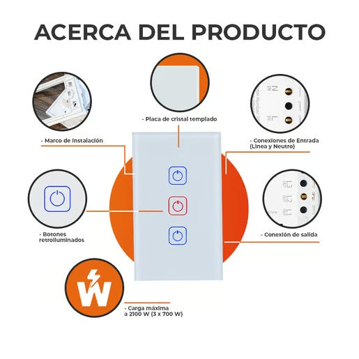 APAGADOR INTELIGENTE TACTIL WIFI 3 CIRCUITOS REQUIERE CABLE NEUTRO COMPATIBLE CON APP MOVIL Y ASISTENTES DE VOZ TSWIM3MVBTCW