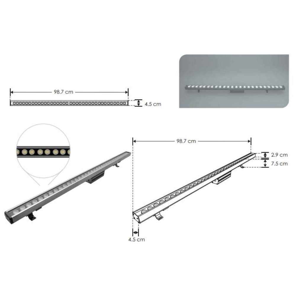 WALL WASHER 18 LEDS 36W/85-265V. BLANCO CALIDO 45 IP65 SOBREP. DIRIG. ALUM. CTAL. TEMPL. ILUMILEDS