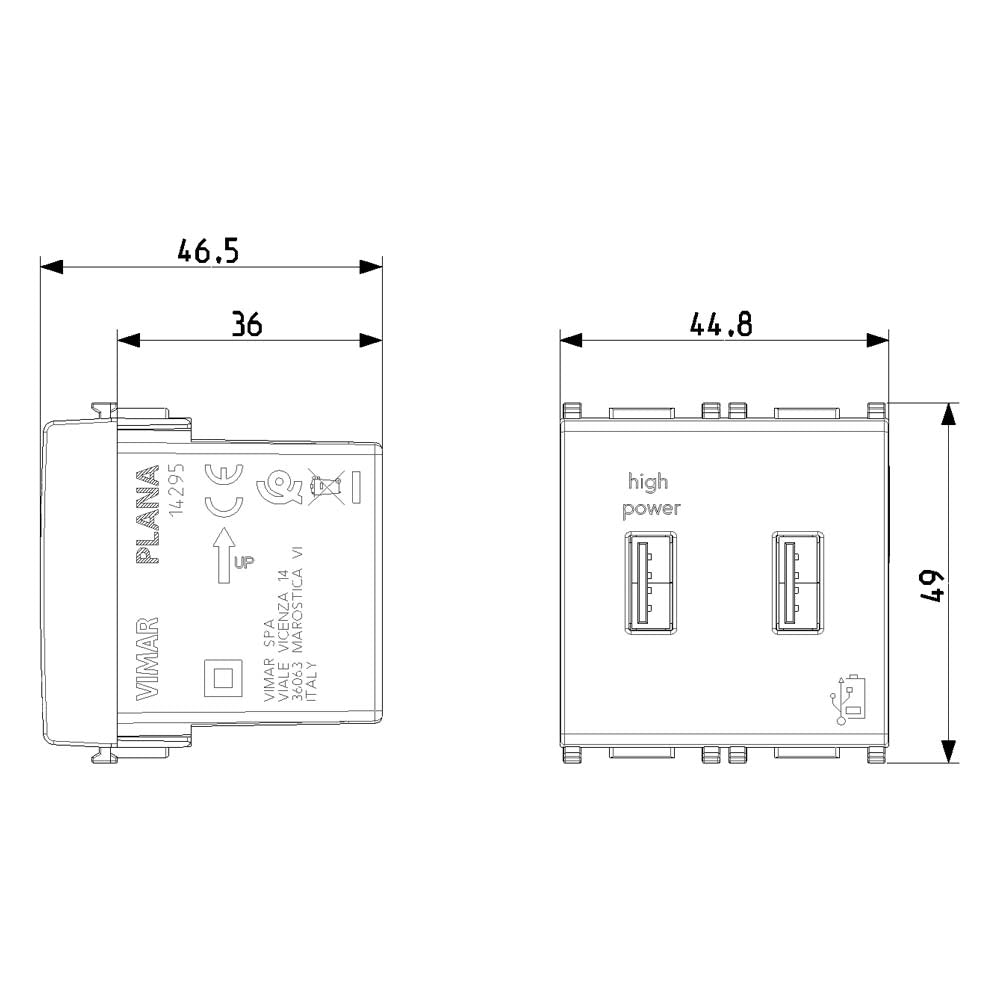 UNIDAD ALIMENTACION USB 5V. 1.5A. 2 MOD. 120-230V. BLANCO PLANA VIMAR