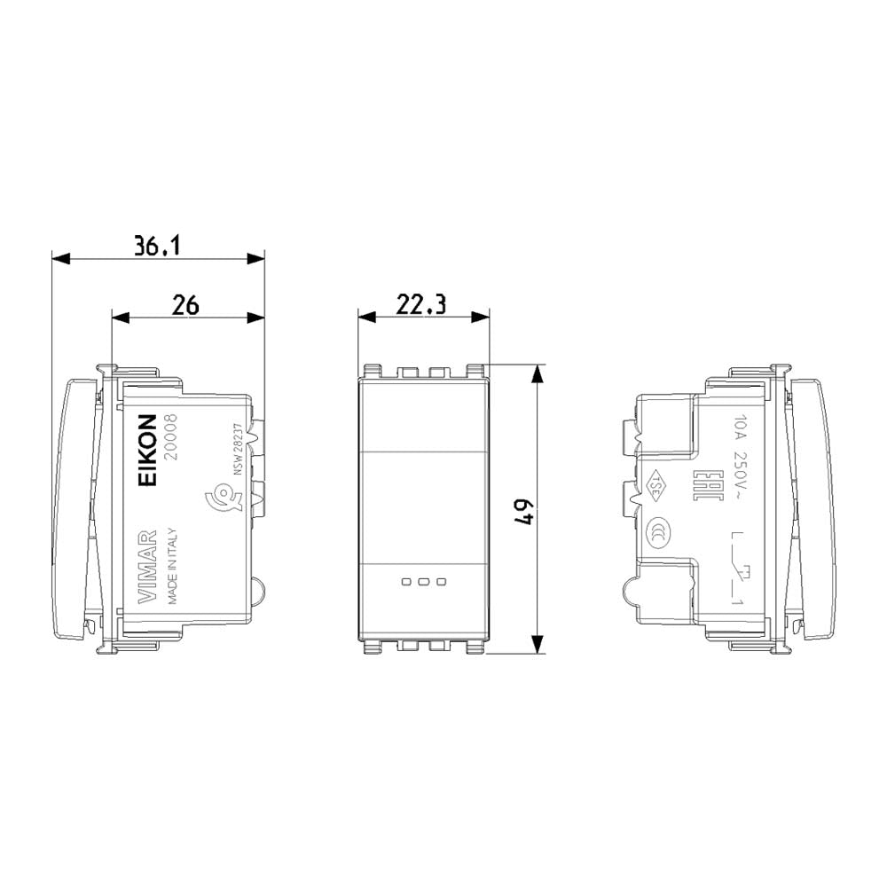 PULSADOR 1P NO 10A/250V. 1 MOD. ILUMINABLE TECLA INTERCAMBIABLE GRIS EIKON VIMAR
