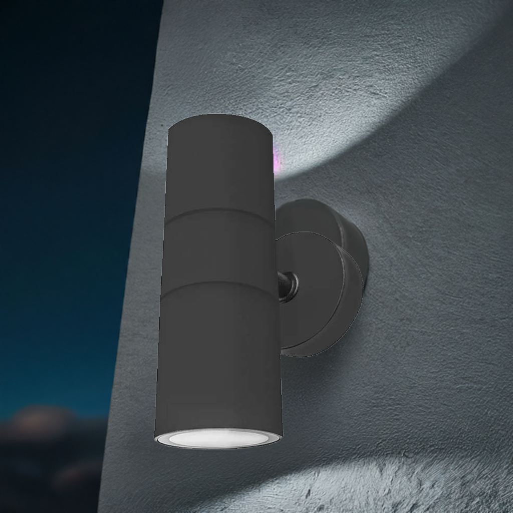 LUMINARIO PARA 2 LAMPARAS GU10 20W 10W MAX EN C/BASE GU10 CILINDRO POLICARBONATO ACABADO NEGRO MICA TRANSPARENTE SALIDA SUPERIOR E INFERIOR CON BASE ROTATORIA 360 NO INCLUYE LAMPARAS 100-240V CA IP4