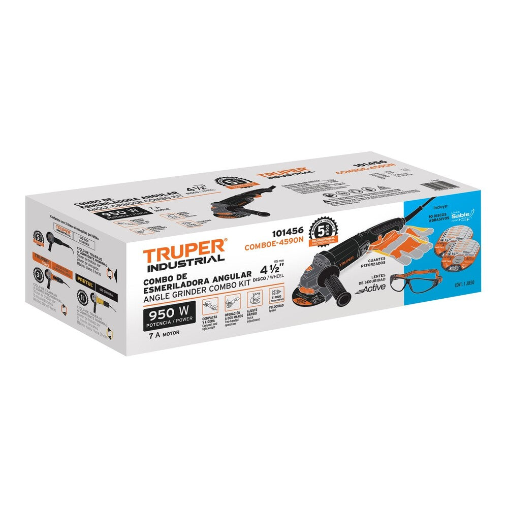 ESMERILADORA ANGULAR 4-1/2" INDUSTRIAL 950W COMBO INCLUYE LENTES GUANTES Y DISCOS