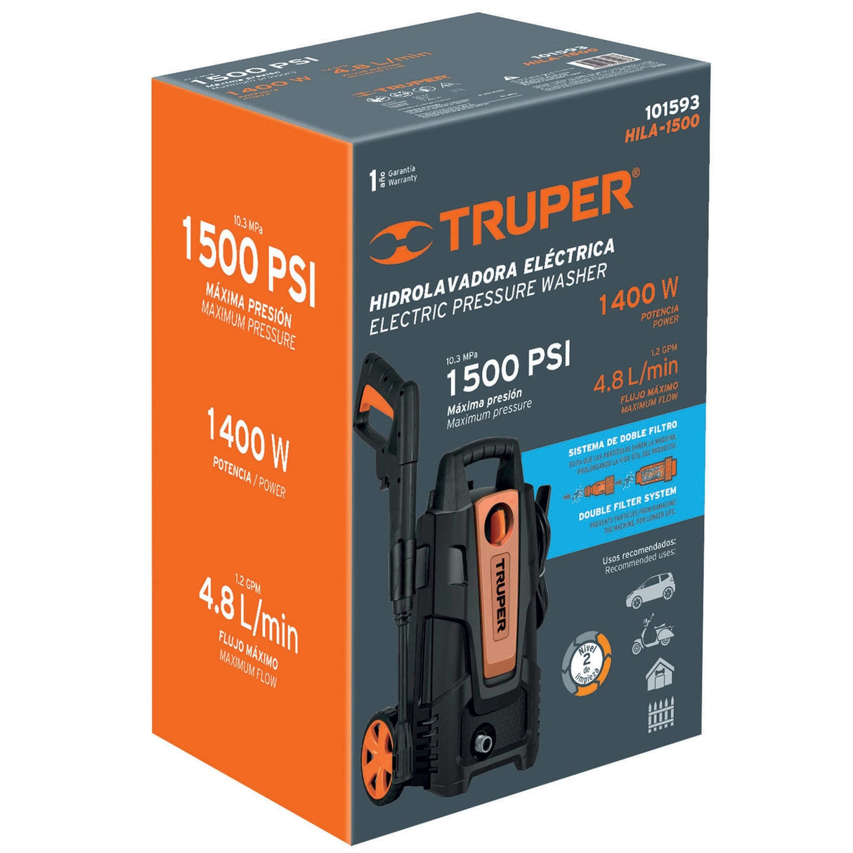 HIDROLAVADORA ELECTRICA 1500PSI 1.9HP/1400W. HILA-1500 101593 TRUPER