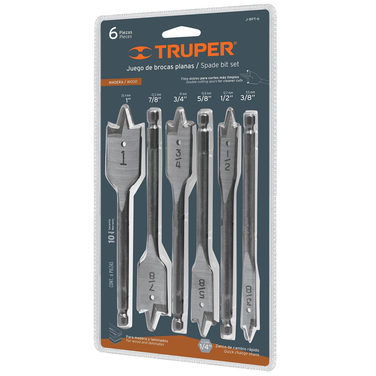 JUEGO 6 BROCAS PLANAS DE MANITA (3/8" - 1/2" - 5/8" - 3/4" - 7/8" - 1") J-BPT-6 11395 TRUPER *** OFRECER JBP6 ***