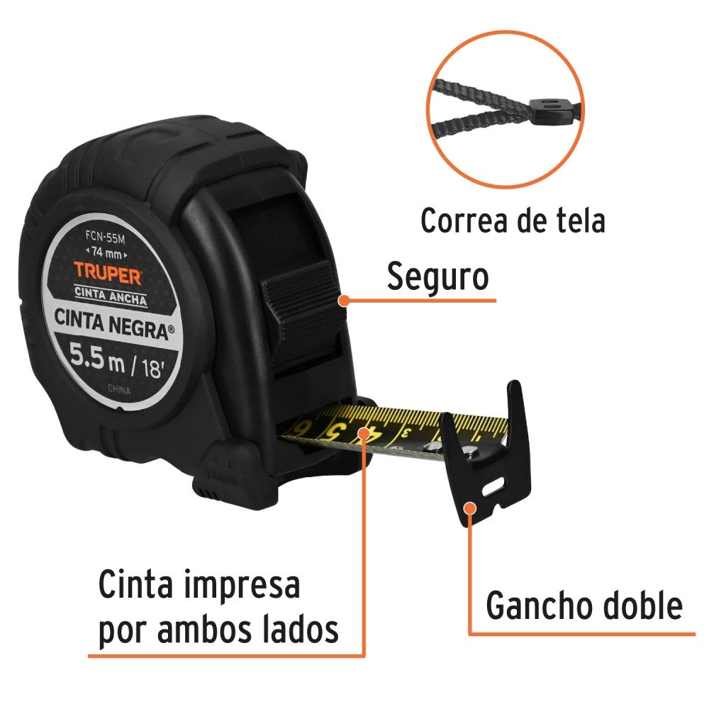 FLEXOMETRO CONTRA IMPACTOS CINTA NEGRA X-ANCHA 27MM 5.5 M FCN-55M