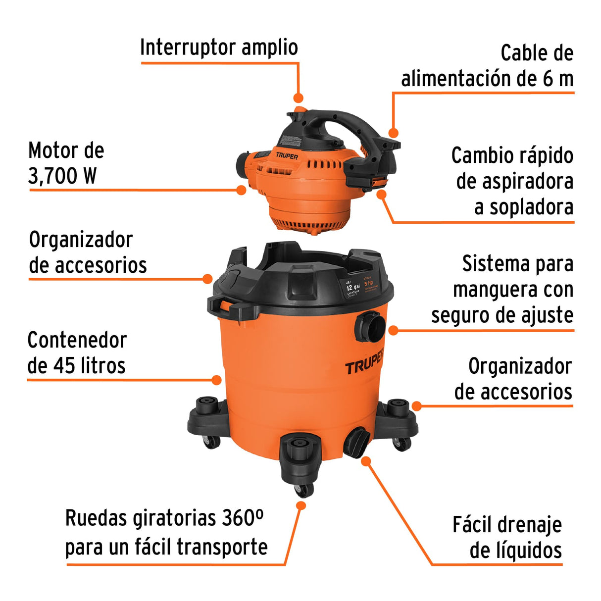 ASPIRADORA/SOPLADORA PLASTICA PARA LIQUIDOS Y SOLIDOS 45LTS. (12 GAL.) 5HP ASP-12S 12093 TRUPER