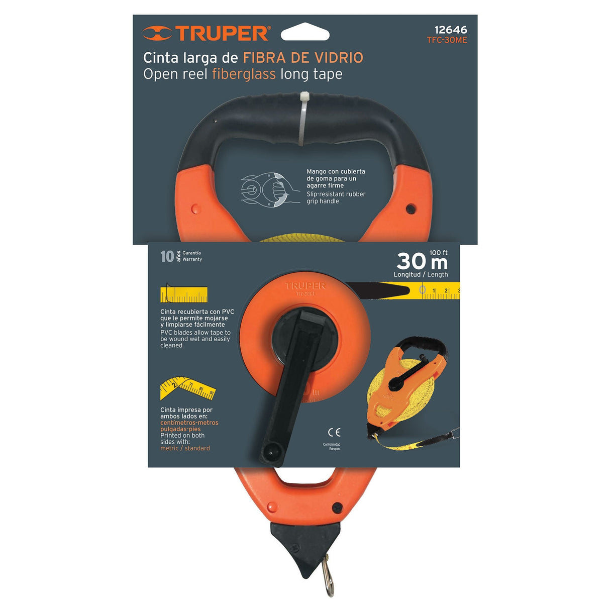 CINTA LARGA FIBRA DE VIDRIO TIPO CRUCETA 30 M METALICA MCA TRUPER CONSTRUCCION *** OFRECER CLFX30 ***