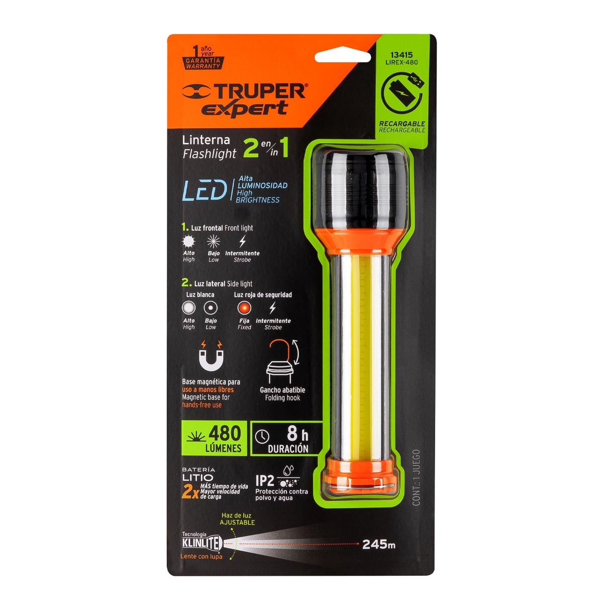 LINTERNA RECARGABLE CON LUZ DE EMERGENCIA 18CMS. LIREX-480 13415 TRUPER