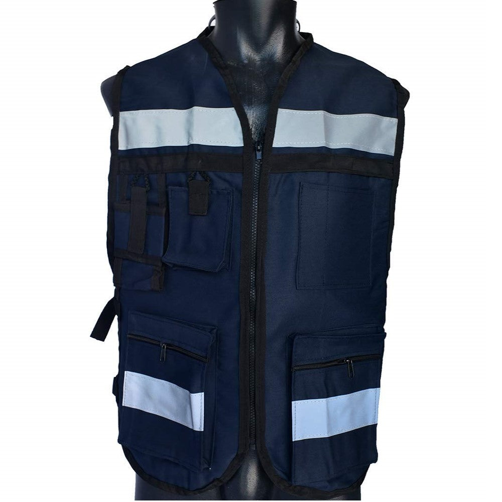 CHALECO BRIGADISTA CON CINTAS REFLEJANTES COLOR AZUL MARINO TRUPER