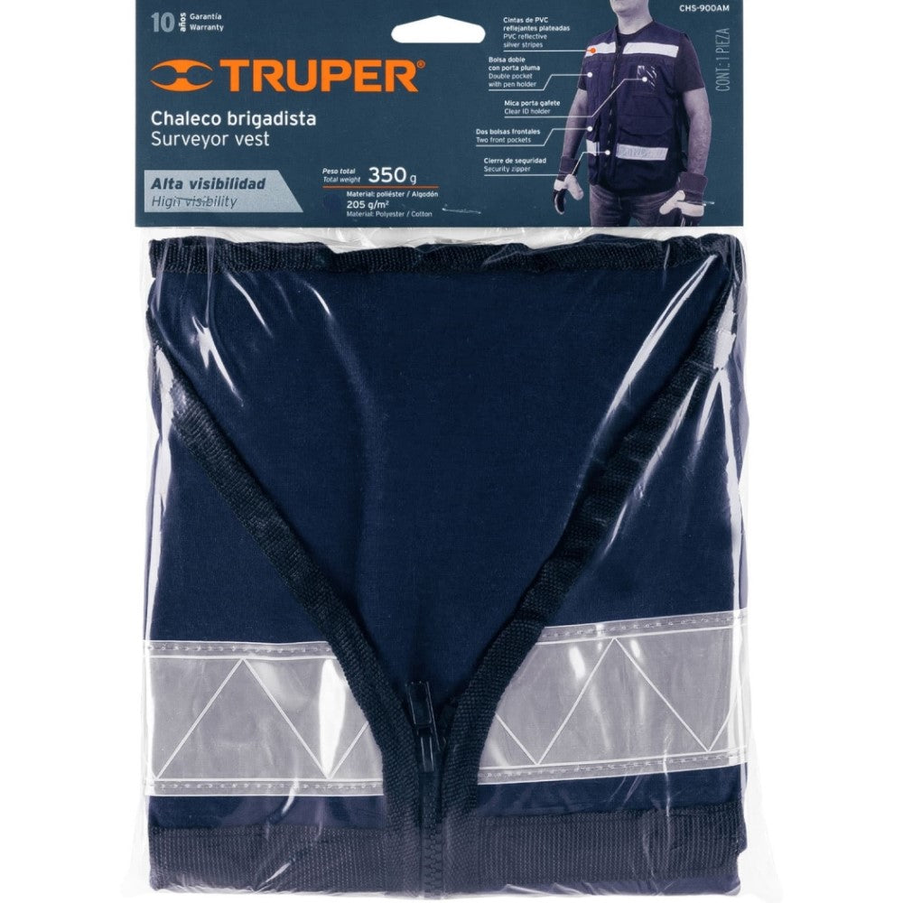 CHALECO BRIGADISTA CON CINTAS REFLEJANTES COLOR AZUL MARINO TRUPER