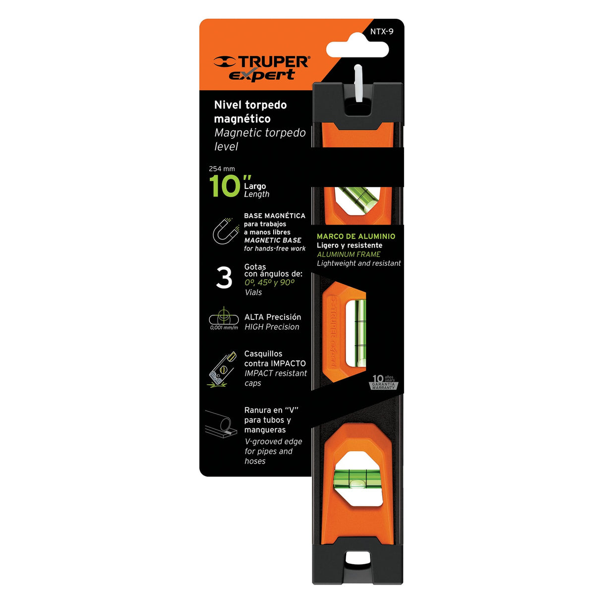 NIVEL TORPEDO MAGNETICO CUERPO DE ALUMINIO 10" MCA TRUPER CONSTRUCCION