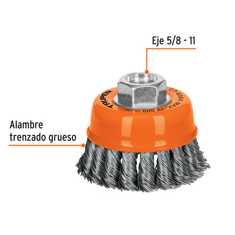 CARDA COPA ALAMBRE TRENZADO GRUESO 3X5/8" PARA ESMERIL MCA TRUPER