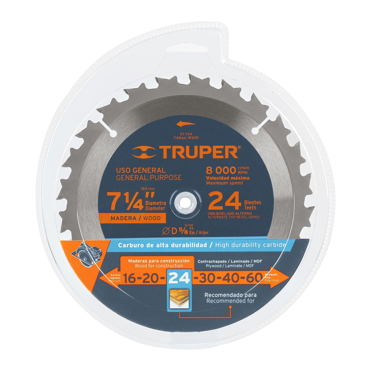 DISCO SIERRA P/MADERA 7 1/4" 24 DIENTES EJE 5/8" 8000RPM USO GENERAL ST-724 18300 TRUPER