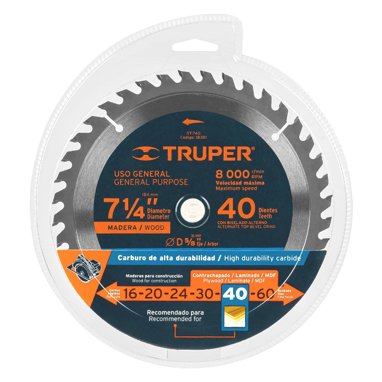 DISCO SIERRA P/MADERA 7 1/4" 40 DIENTES EJE 5/8" 8000RPM USO GENERAL ST-740 18301 TRUPER