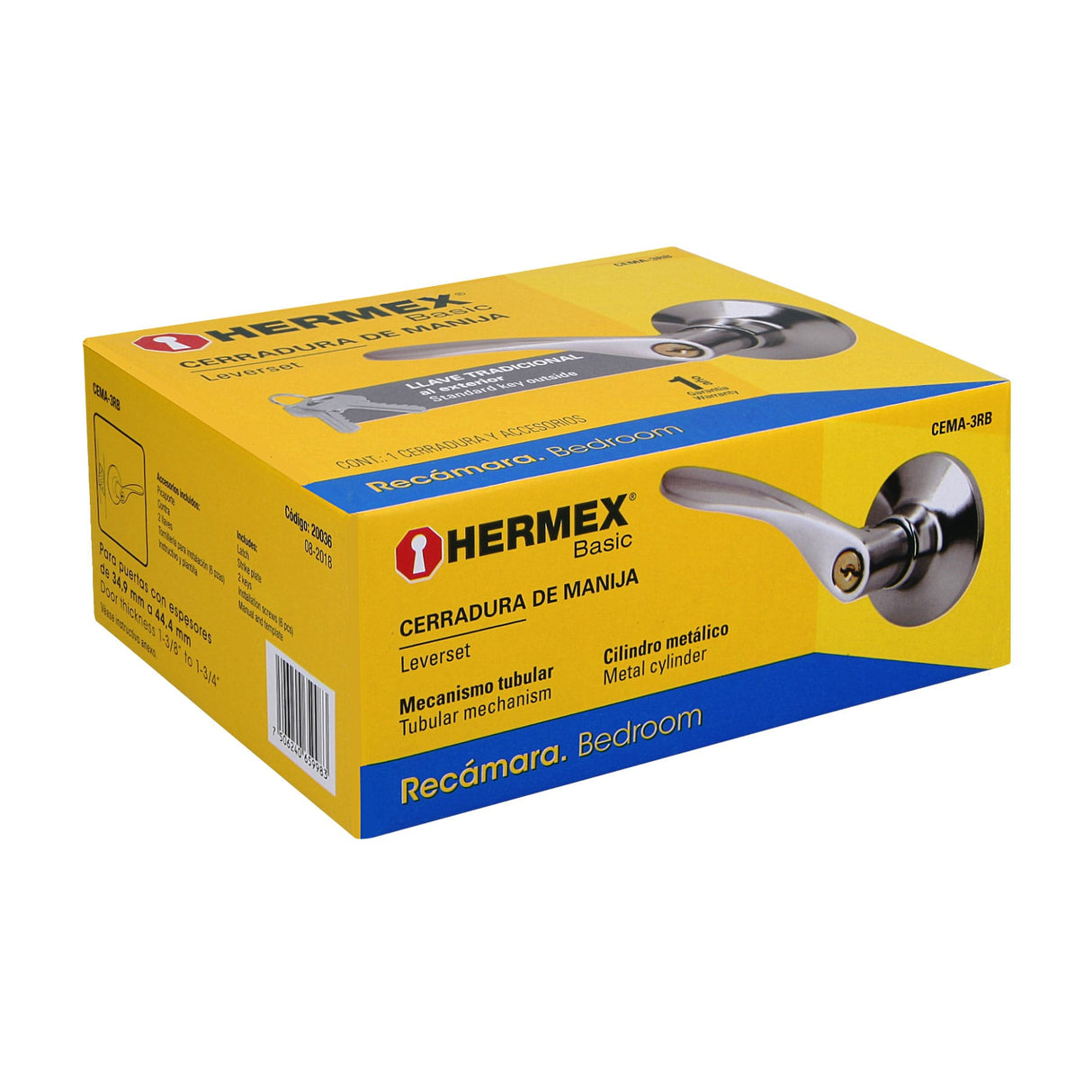 CERRADURA BASIC MANIJA CILINDRO METALICO RECAMARA CROMO MCA TRUPER HERMEX