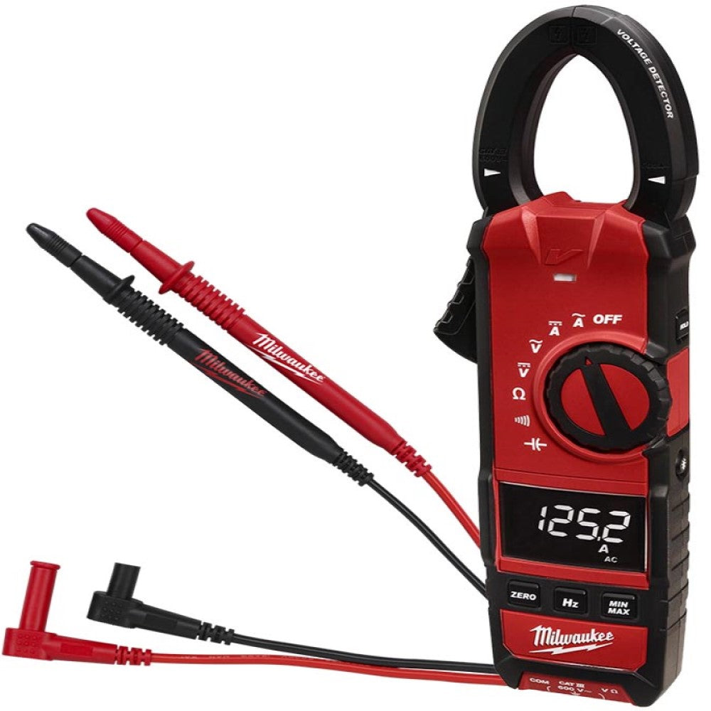 AMPERIMETRO DE GANCHO 600A/600V CON DOS BATERIAS AA Y CABLES DE PRUEBA MILWAUKEE