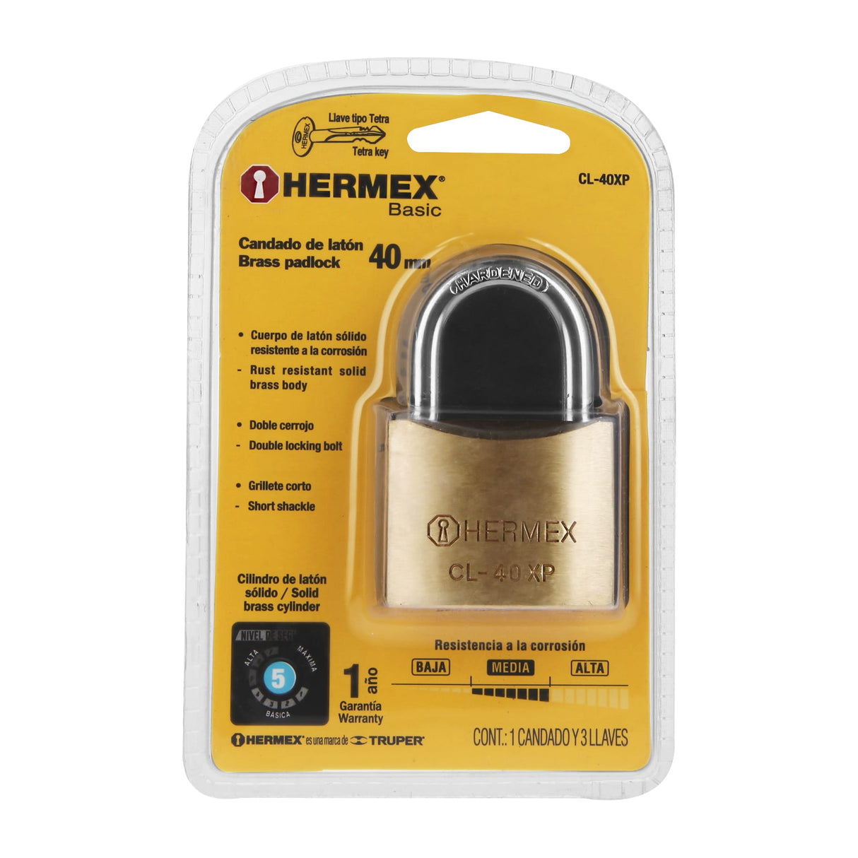 CANDADO DE LATON 40MM LLAVE TETRA BLISTER HERMEX BASIC MCA TRUPER
