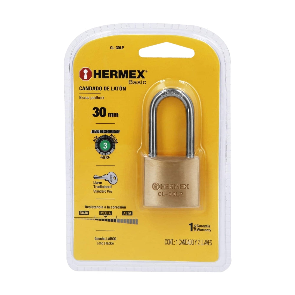 CANDADO DE LATON 30MM GANCHO LARGO BLISTER HERMEX BASIC MCA TRUPER