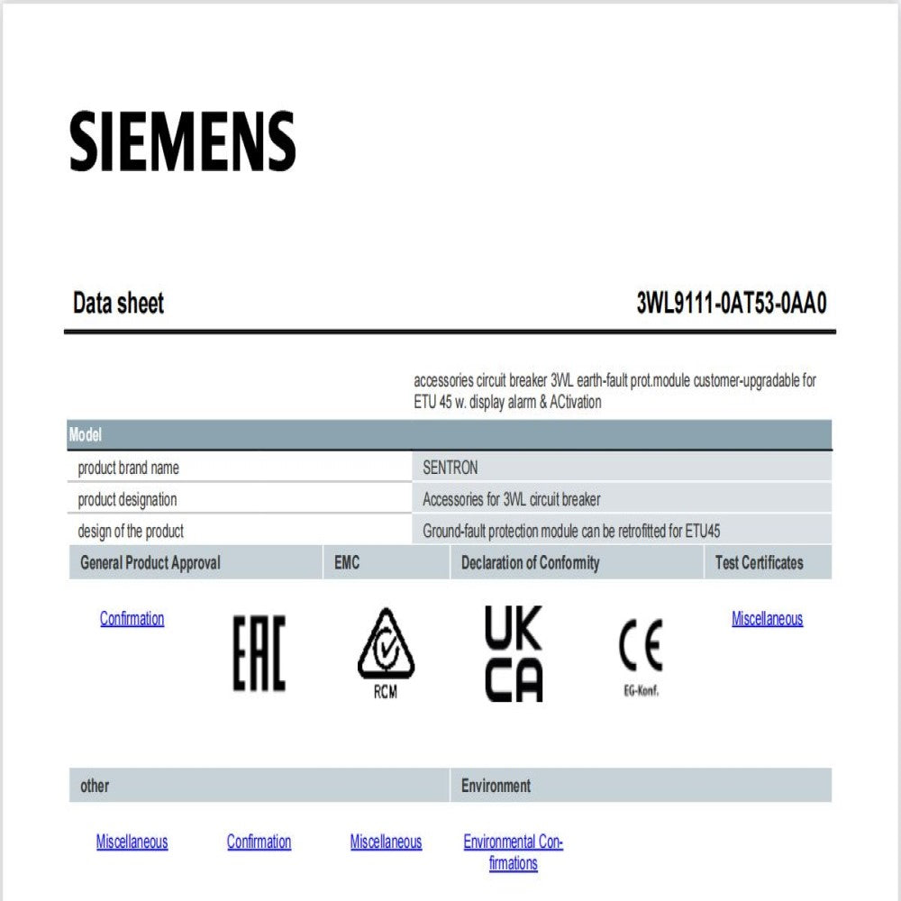 MODULO FALLA A TIERRA P/INT. 3WL 3WL91110AT530AA0 SIEMENS