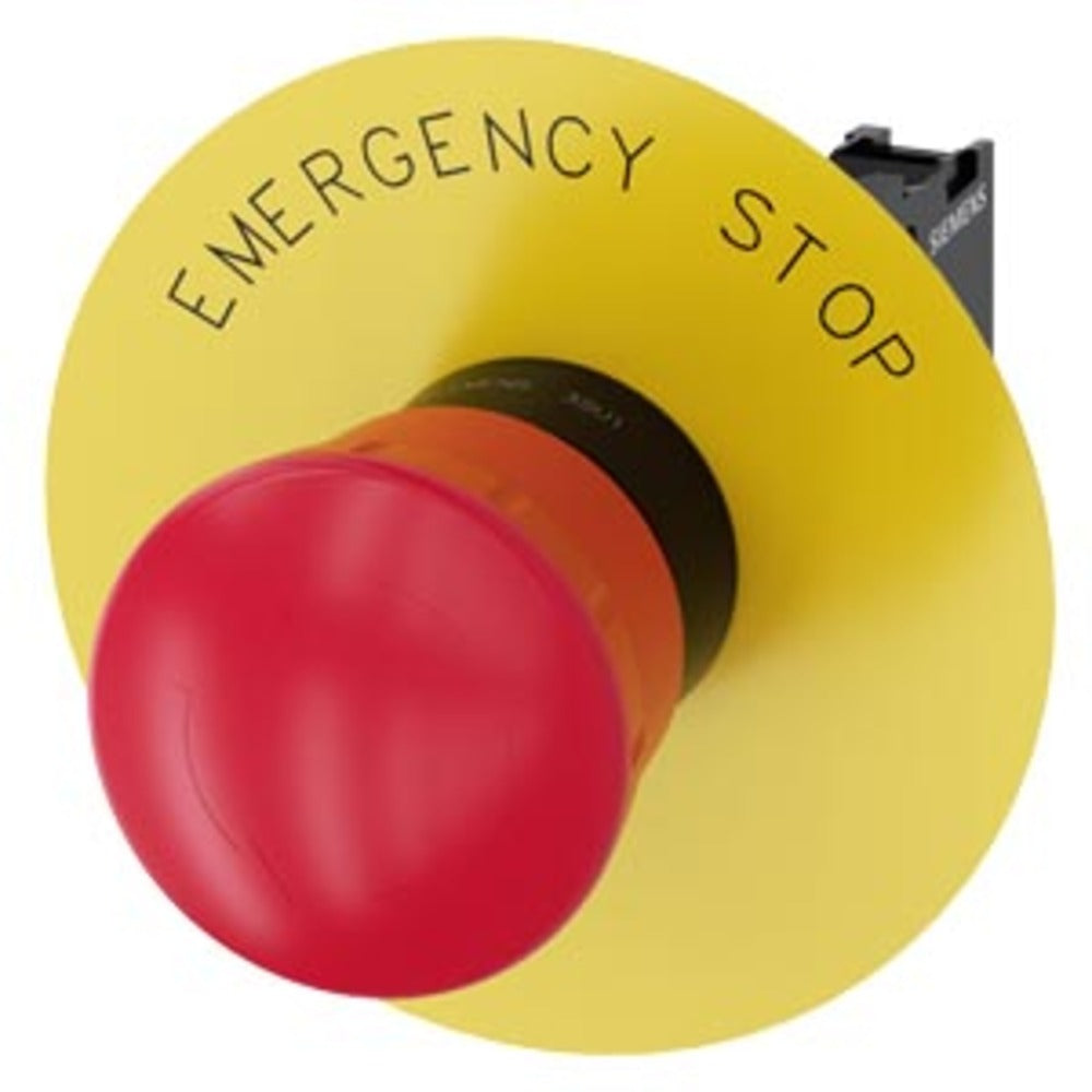 PULSADOR DE SETA DE PARADA DE EMERGENCIA 22 MM REDONDO PLÁSTICO ROJO 40 MM DESENCLAVAMIENTO POR GIRO CON PLACA DE FONDO AMARILLA INSCRIPCIÓN: PARADA DE EMERGENCIA CON SOPORTE 1 NC