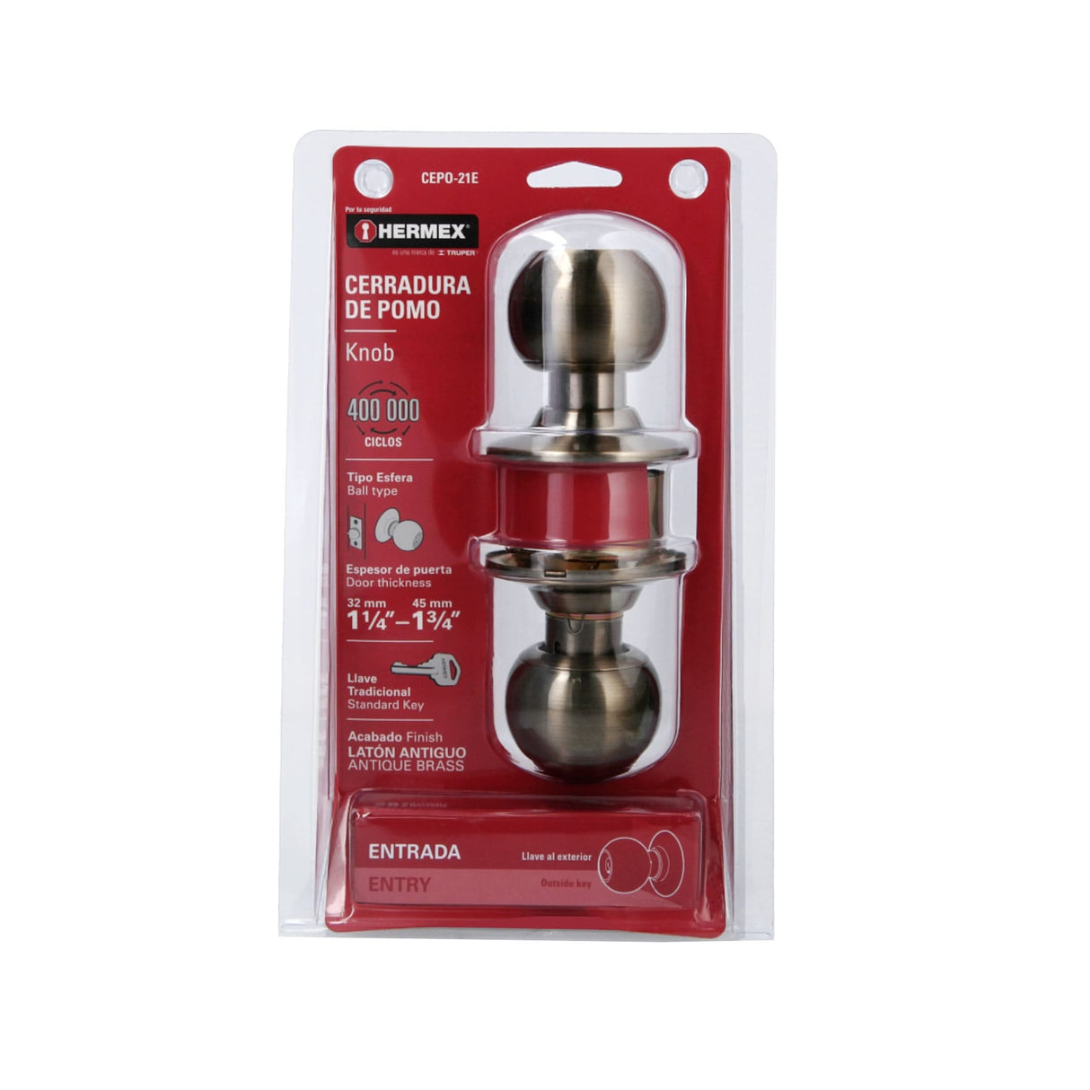 CERRADURA POMO LATON ANTIGUO ESFERAENTRADA MCA TRUPER HERMEX