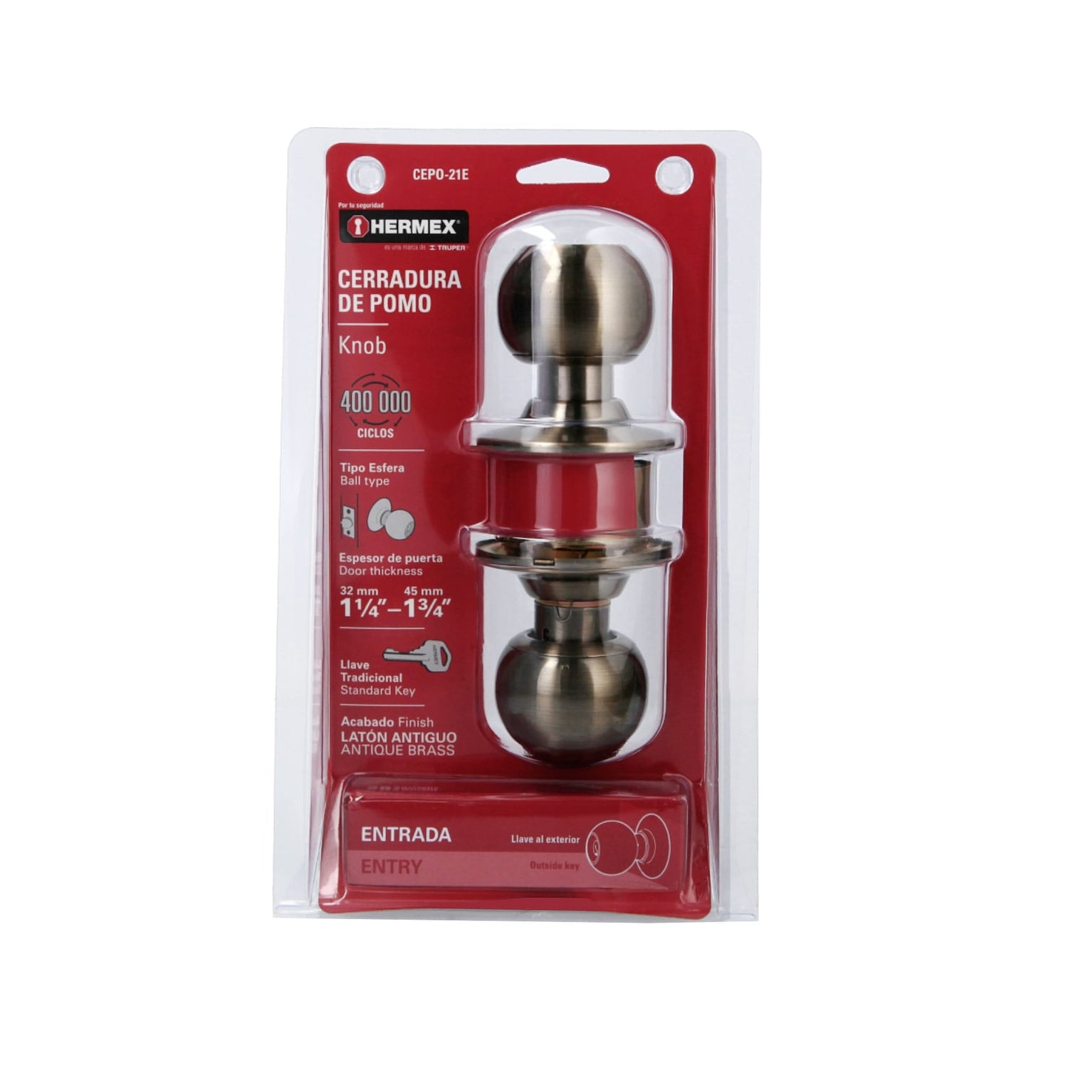CERRADURA POMO LATON ANTIGUO ESFERAENTRADA MCA TRUPER HERMEX