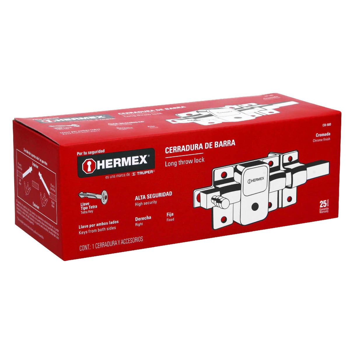 CERRADURA BARRA FIJA ALTA SEGURIDAD DERECHA *** INCLUYE 3 LLAVES TETRA *** CB-50D 43509 TRUPER *** SIMILAR 43516 ***