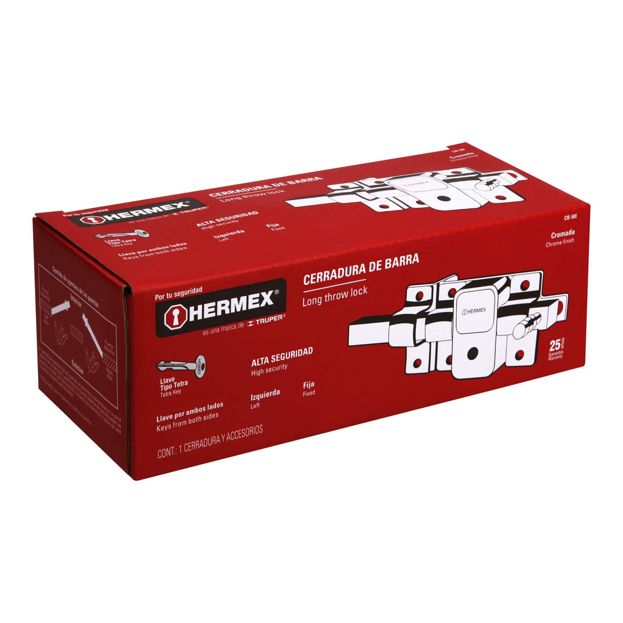 CERRADURA BARRA FIJA ALTA SEGURIDAD IZQUIERDA *** INCLUYE 3 LLAVES TETRA *** CB-50I 43512 TRUPER