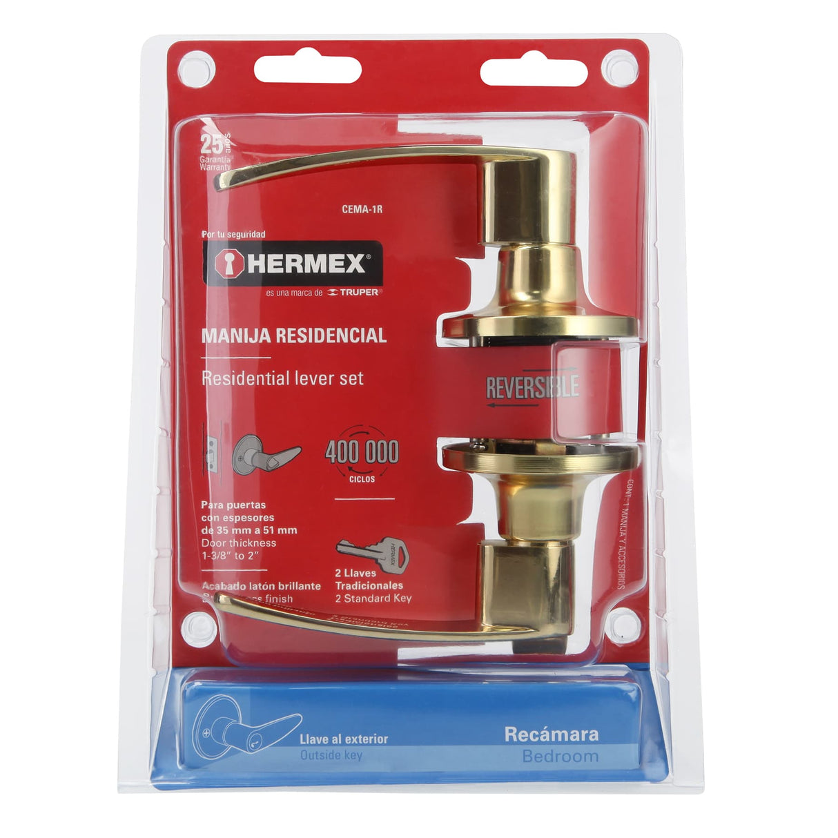 CERRADURA MANIJA CILINDRO LATON LATON BRILLANTE RECAMARA MCA TRUPER HERMEX