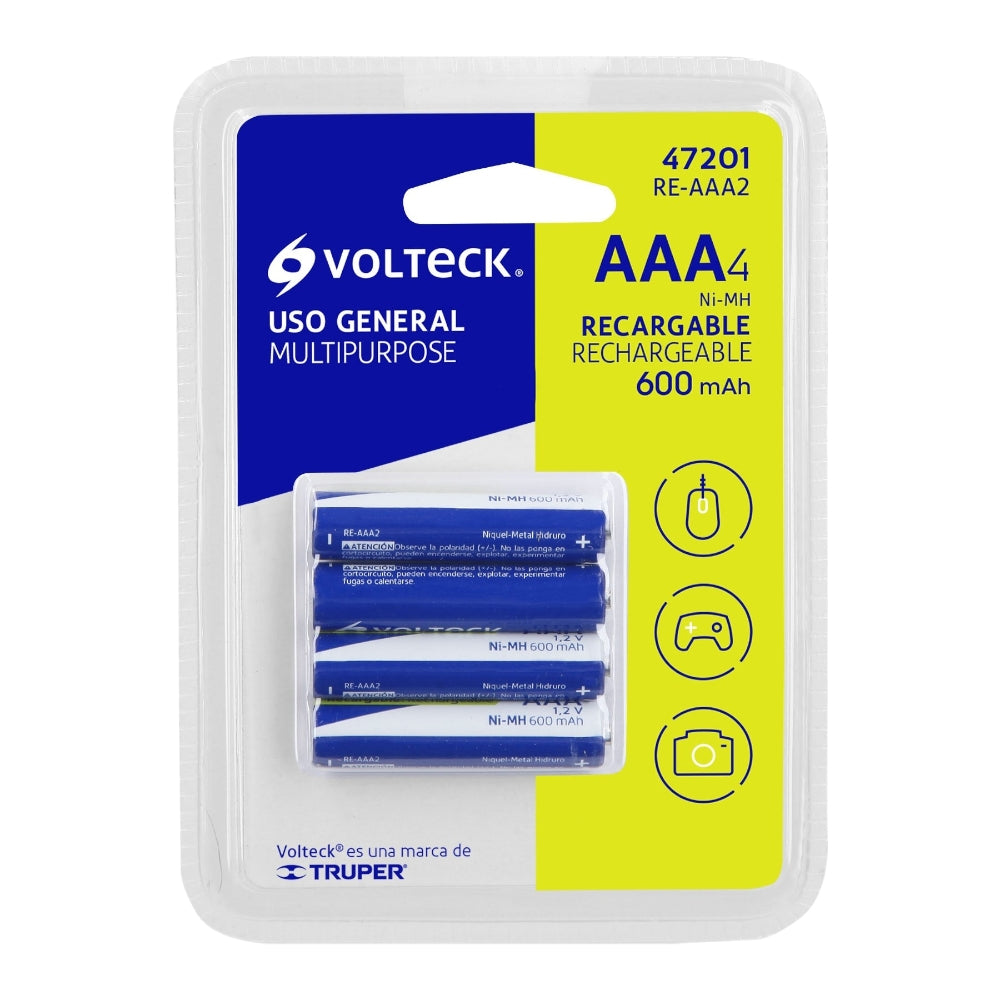 PILA "AAA" RECARCABLE USO GENERAL *** BLISTER 4 PZAS *** RE-AAA2 47201 TRUPER
