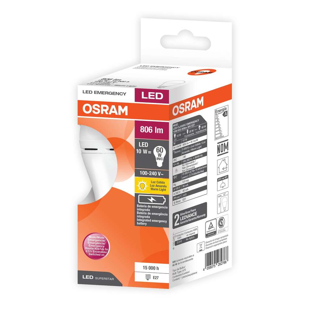 FOCO DE LED 9W DE EMERGENCIA 100-240V 806LM 3000K E27 IP21 MCA OSRAM*** HAE ***