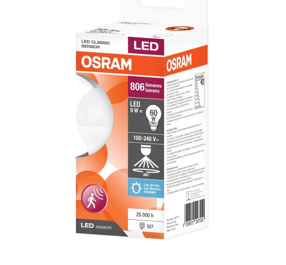 LAMPARA DE LED CLA60 SENSOR 9W 6500K E27 IP20 906 LUMNES MCA OSRAM *** OFRECER 21741 O FOC-150/PIR ***