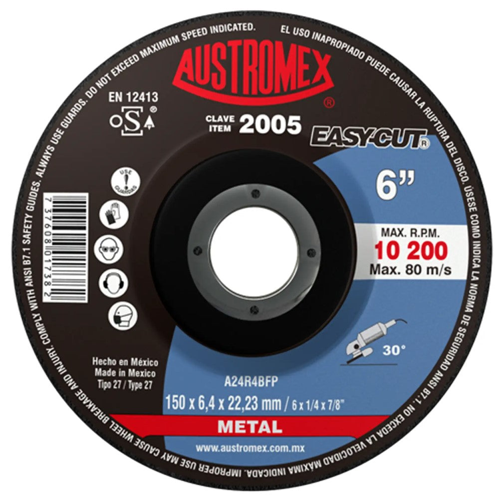 DISCO CON CENTRO DEPRIMIDO PARA DESBASTE DE METAL A24R4BFP 6X1/4X7/8 150X6.4X22.23 MCA AUSTROMEX