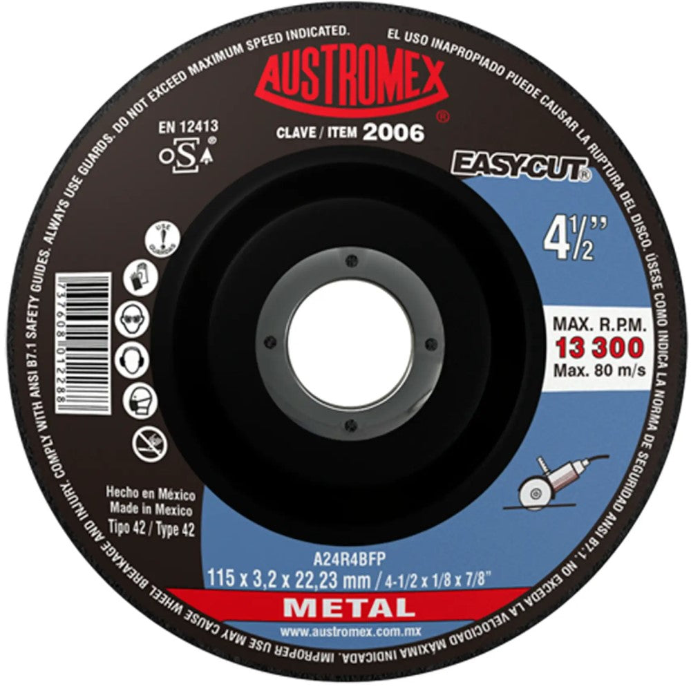 DISCO CON CENTRO DEPRIMIDO PARA CORTE DE METAL A24R4BFP 4-1/2X1/8X7/8 115X3.2X22.23 MCA AUSTROMEX