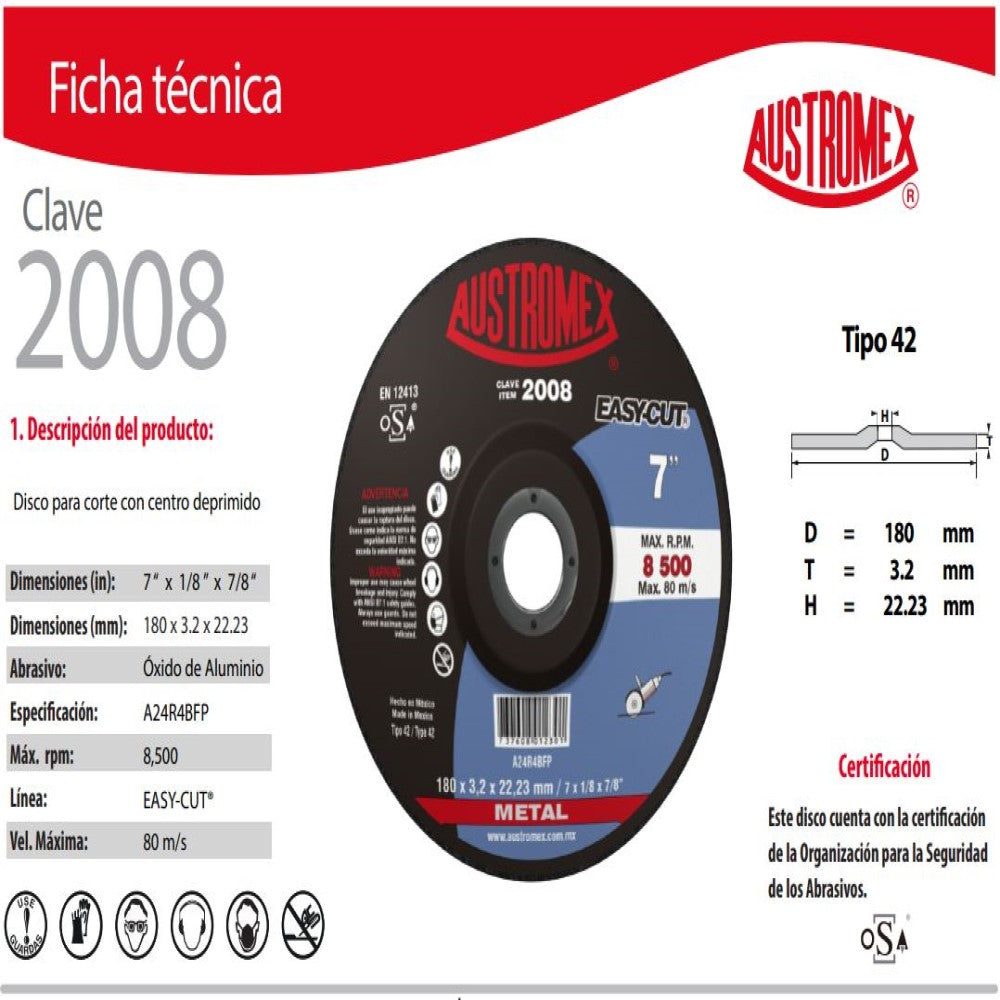 DISCO CON CENTRO DEPRIMIDO PARA CORTE DE METAL A24R4BFP 7X1/8X7/8 180X3.2X22.23 MCA AUSTROMEX