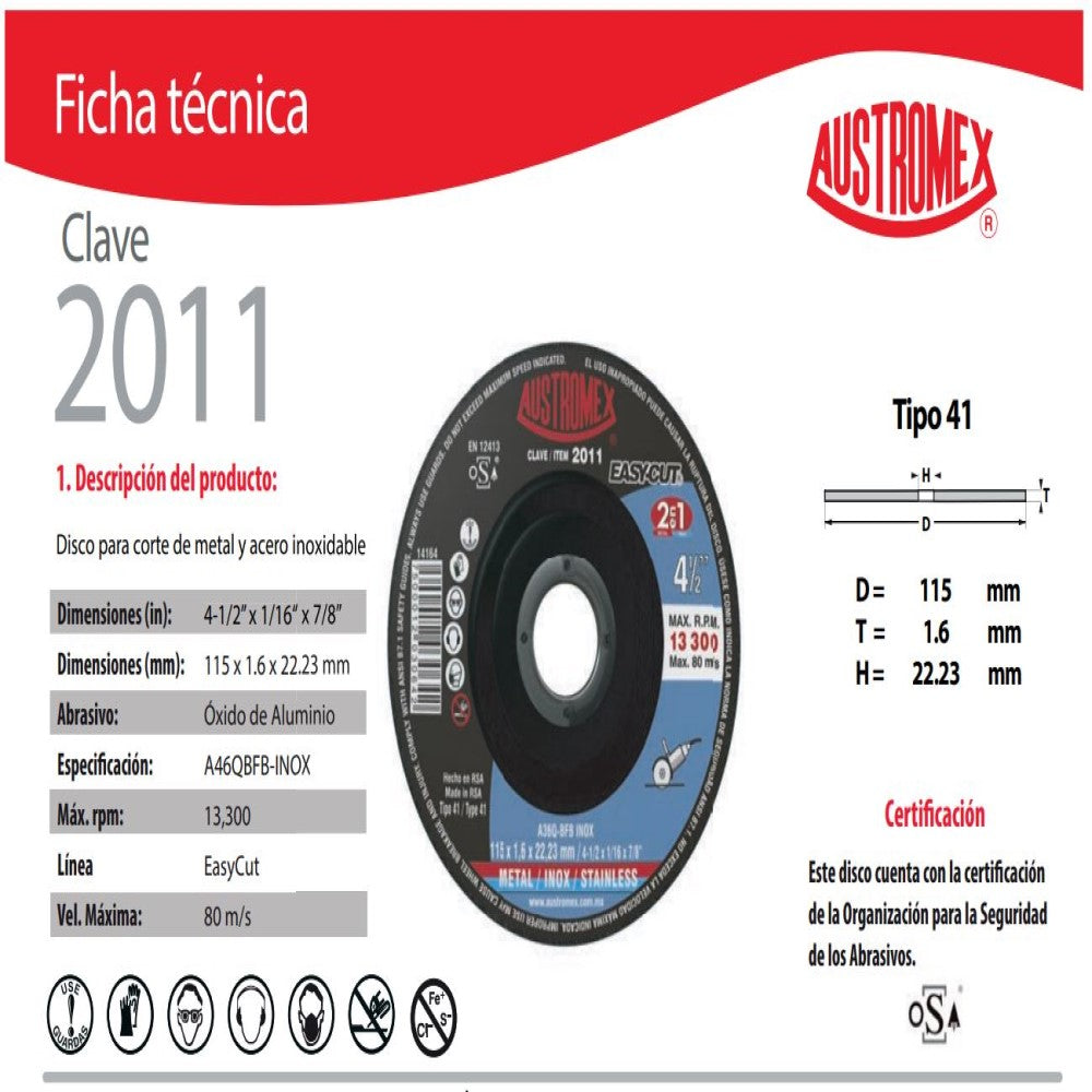 DISCO CORTE 2 EN 1 P/ACERO AL CARBON Y ACERO INOX. 115X1.6X22.23MM. ESP. A46Q-BFB INOX