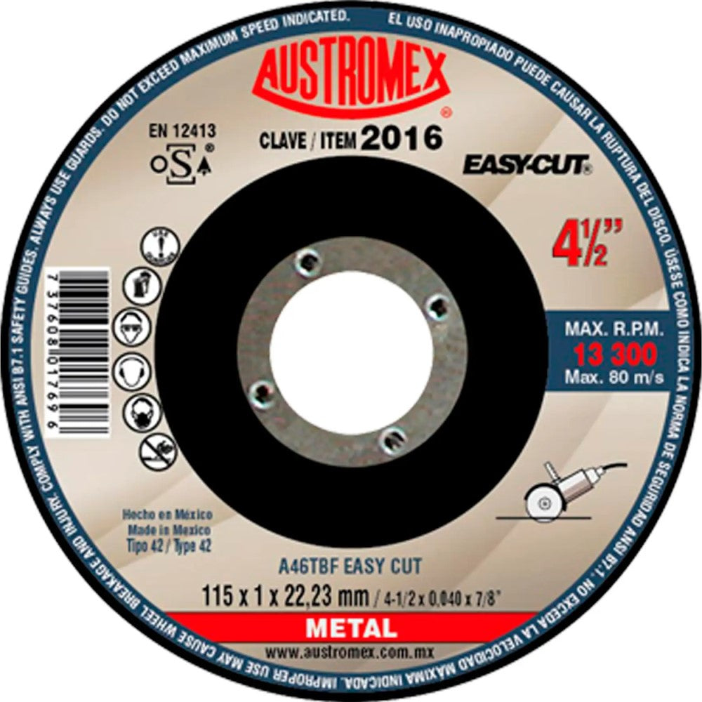 DISCO CON CENTRO DEPRIMIDO PARA CORTE DE METAL - SP A46TBF EASY CUT 4-1/2X0040X7/8 115X1X22.23 MCA AUSTROMEX
