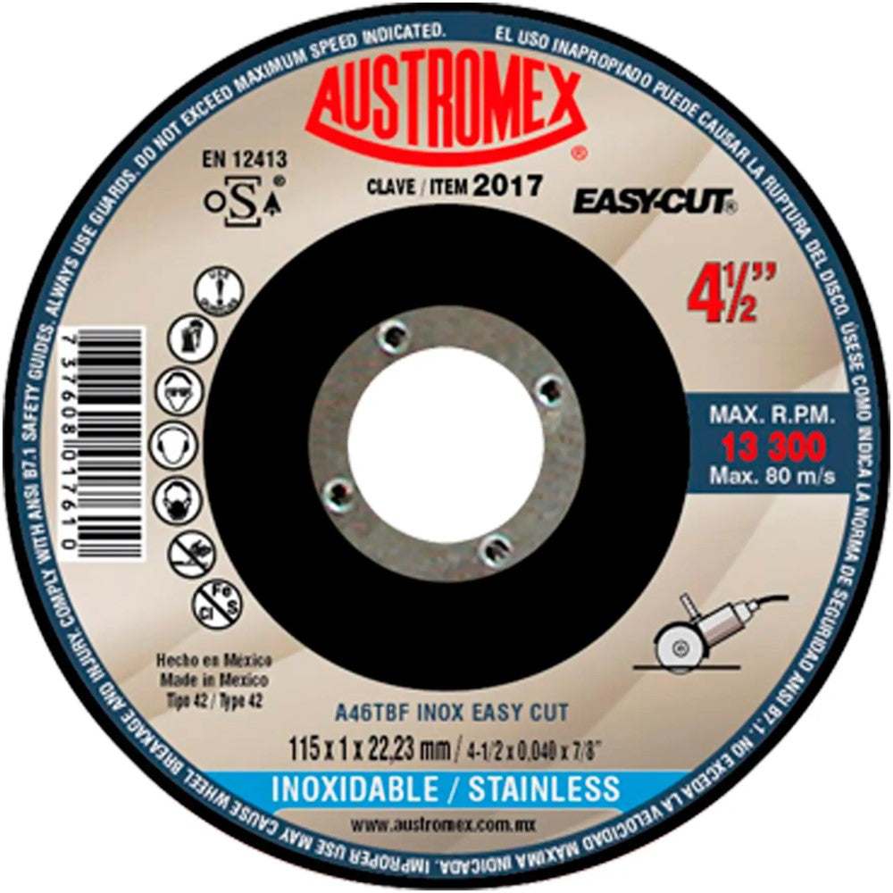 DISCO CON CENTRO DEPRIMIDO PARA CORTE DE ACERO INOXIDABLE - SP A46TBF INOX EASY CUT 4-1/2X0040X7/8 115X1X22.23 MCA AUSTROMEX