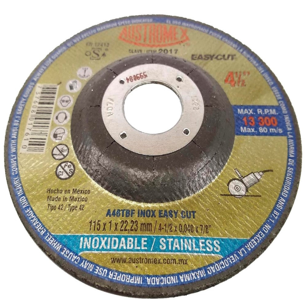 DISCO CON CENTRO DEPRIMIDO PARA CORTE DE ACERO INOXIDABLE - SP A46TBF INOX EASY CUT 4-1/2X0040X7/8 115X1X22.23 MCA AUSTROMEX