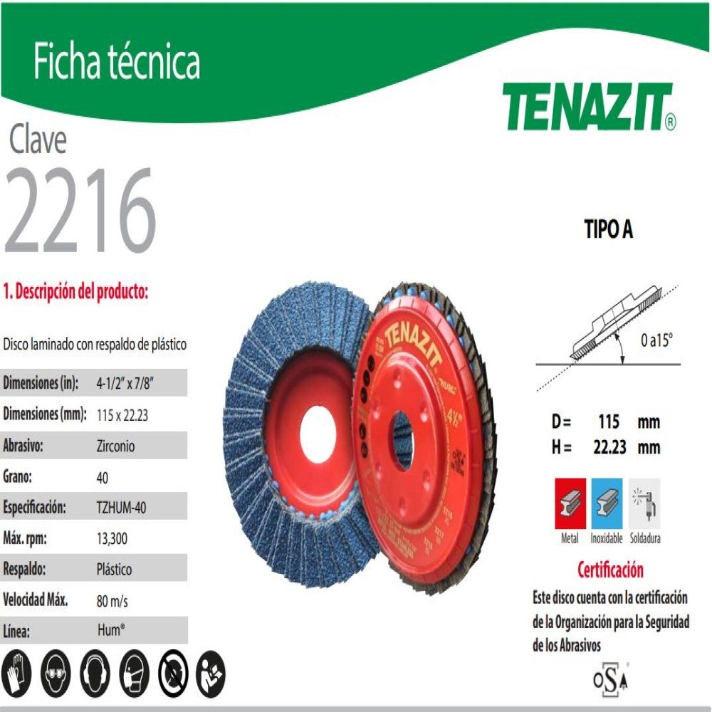 DISCO LAMINADO HUM GRANO 40 TZHUM-40 4 1/2X7/8 115X22.23 MCA AUSTROMEX