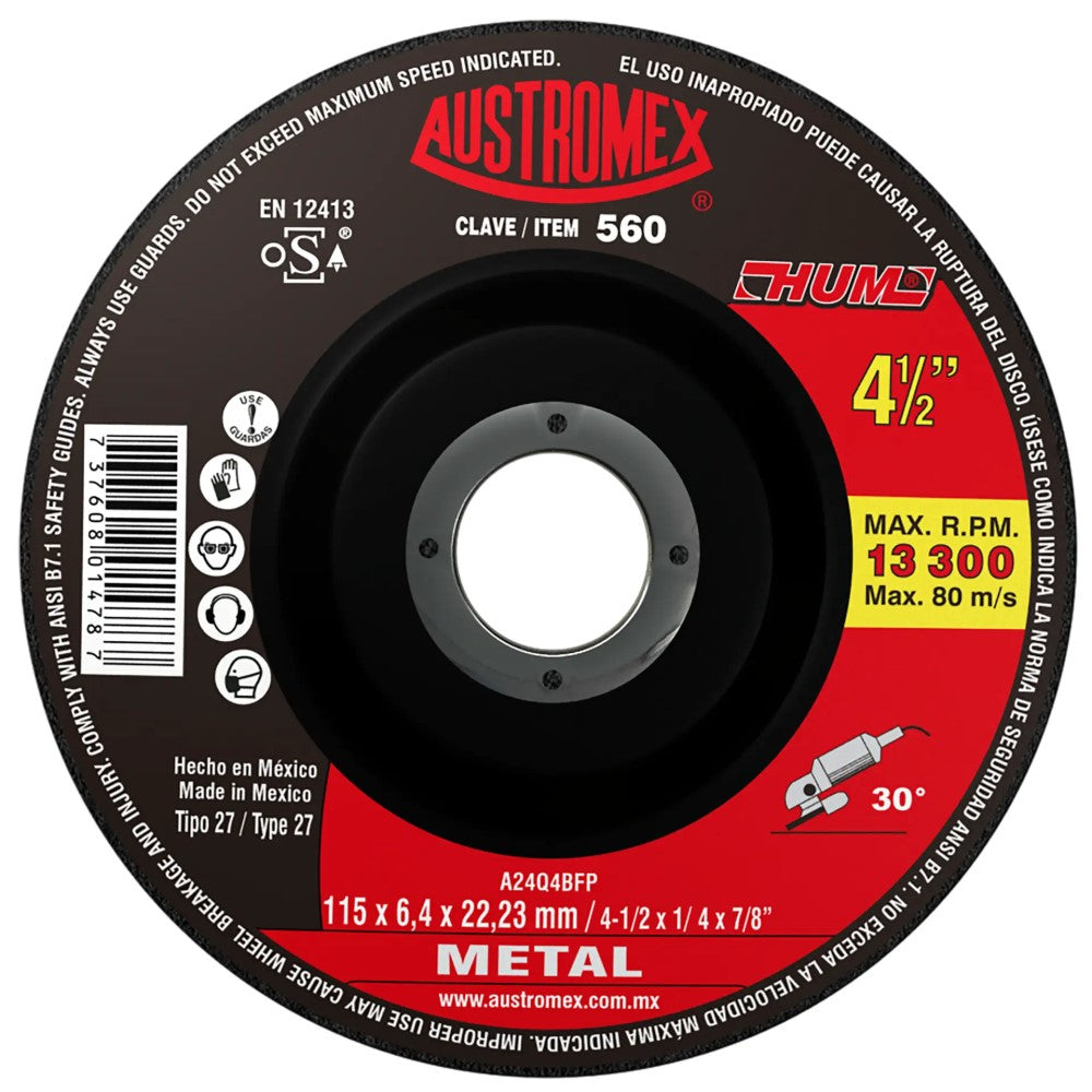 DISCO CON CENTRO DEPRIMIDO PARA DESBASTE DE METAL A24Q4BFP 4-1/2X1/4X7/8 (115X6.4X22.23) MCA AUSTROMEX