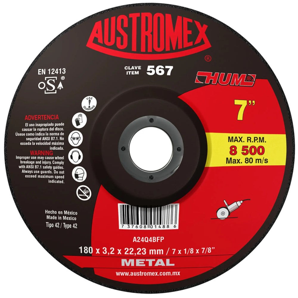 DISCO CON CENTRO DEPRIMIDO PARA CORTE DE METAL A24Q4BFP 7X1/8X7/8 (180X3.2X22.23) MCA AUSTROMEX