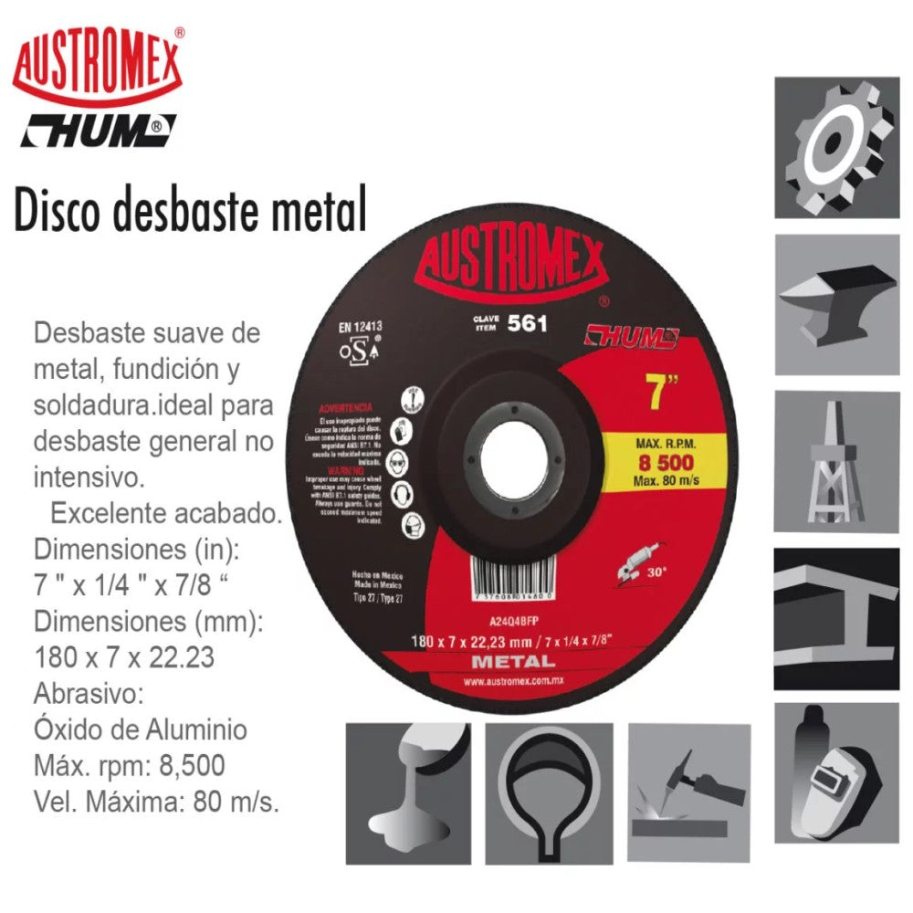 DISCO CON CENTRO DEPRIMIDO PARA CORTE DE METAL A24Q4BFP 7X1/8X7/8 (180X3.2X22.23) MCA AUSTROMEX