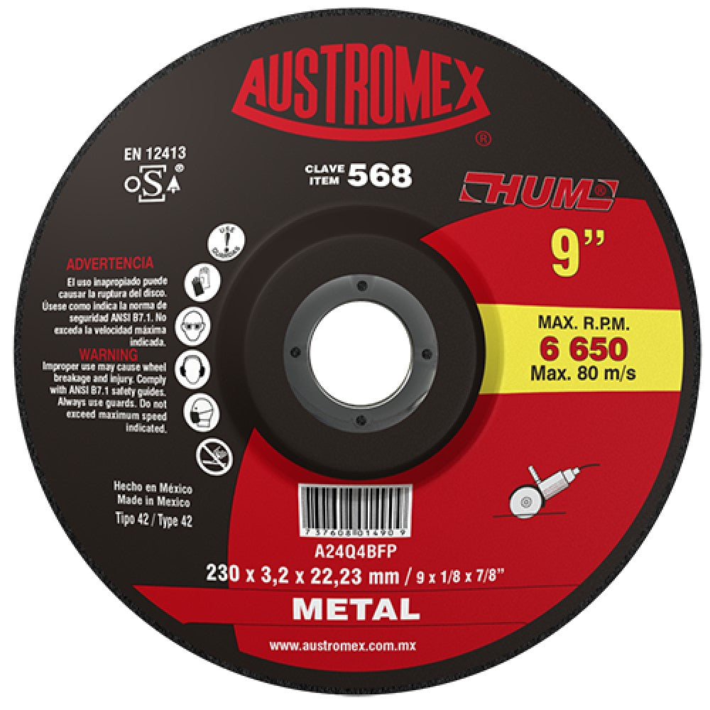 DISCO CON CENTRO DEPRIMIDO PARA CORTE DE METAL A24Q4BFP 9X1/8X7/8 (230X3.2X22.23) MCA AUSTROMEX