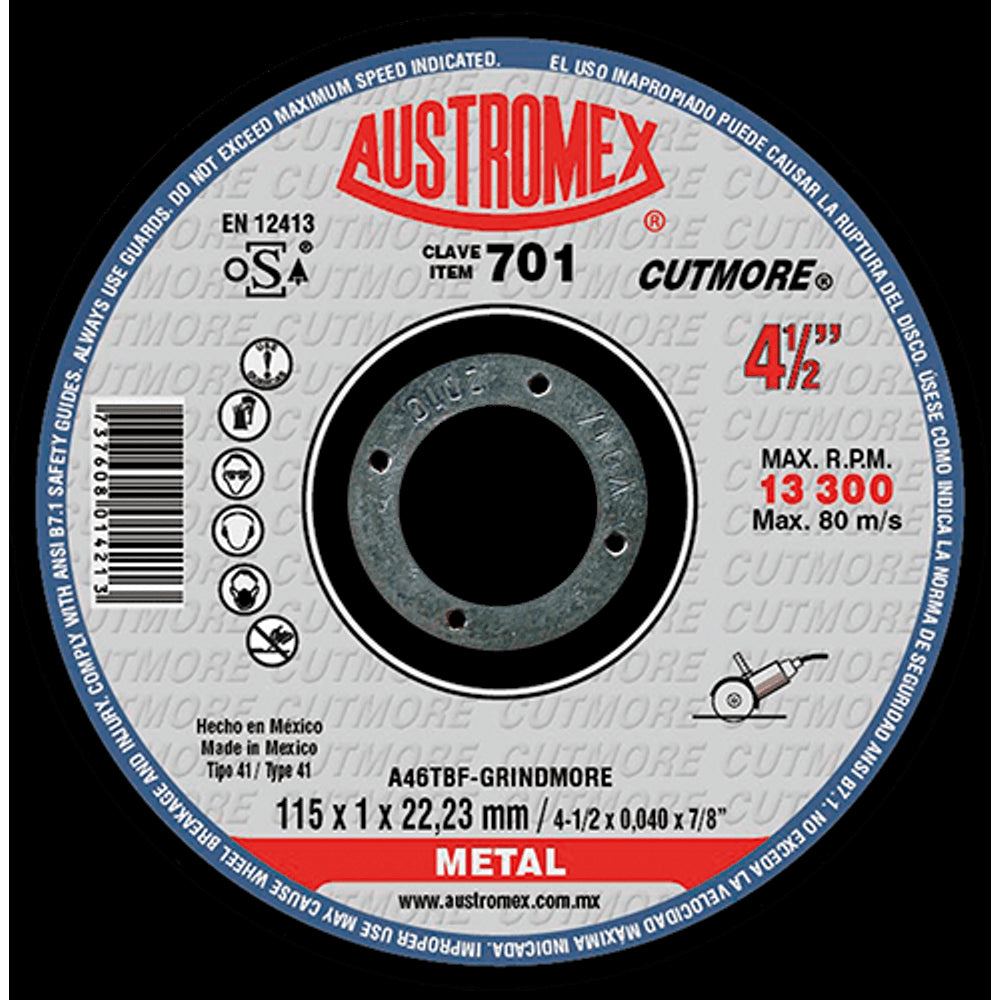 DISCO PARA CORTE DE METAL A46TBF-GRINDMORE 4-1/2X3/64X7/8 (115X1X22.23) MCA AUSTROMEX