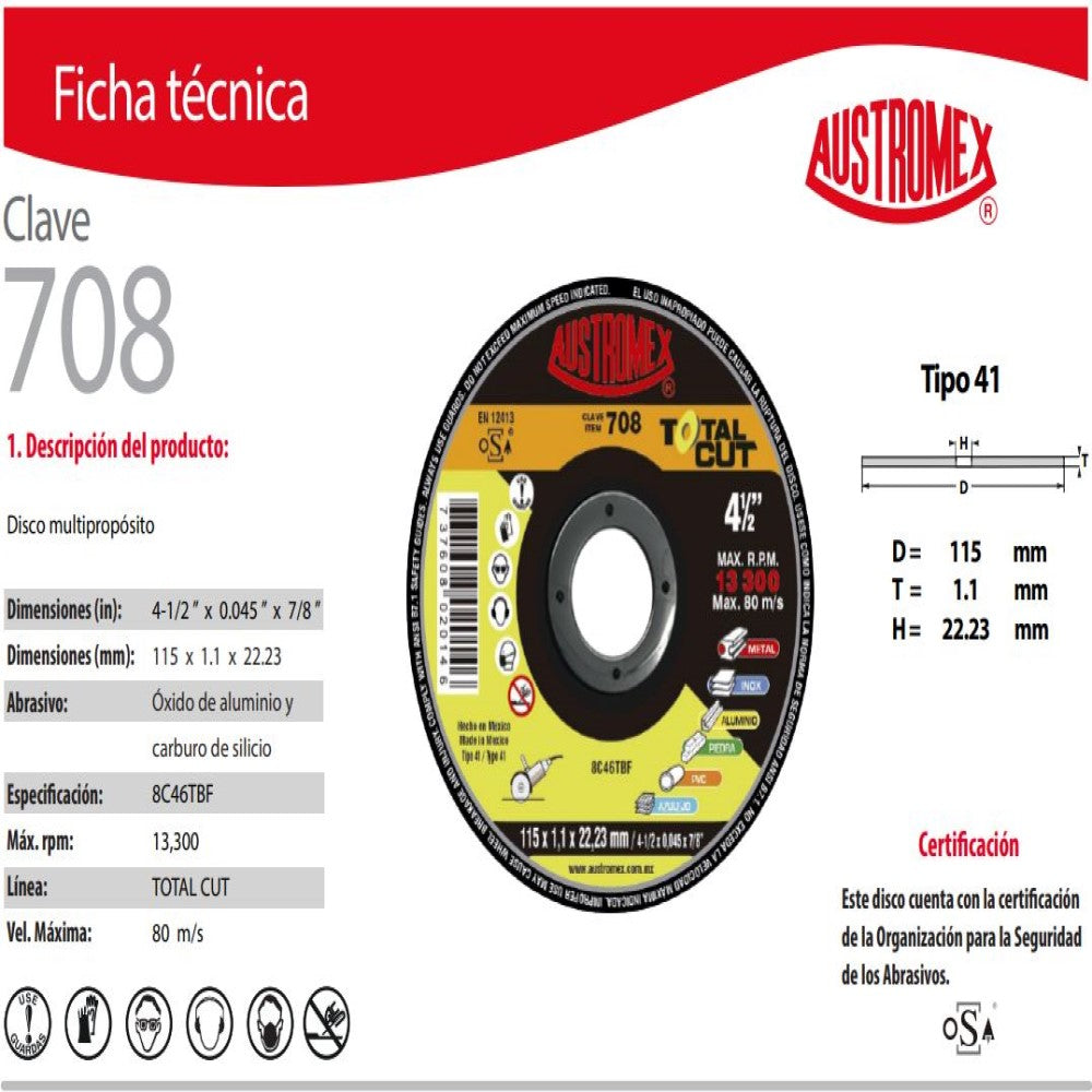 DISCO PLANO PARA CORTE TOTAL CUT 8C46TBF 4-1/2X0.045X7/8 (115 X 1.1 X 22.23) MCA AUSTROMEX