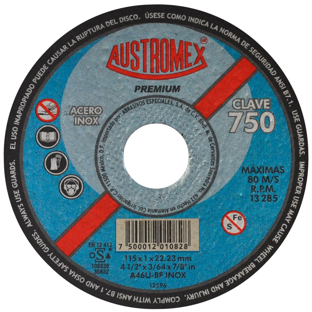 DISCO SUPER PRECISO PARA CORTE DE ACERO INOXIDABLE A46U BF INOX 4-1/2X3/64X7/8 (115X1X22.2) MCA AUSTROMEX
