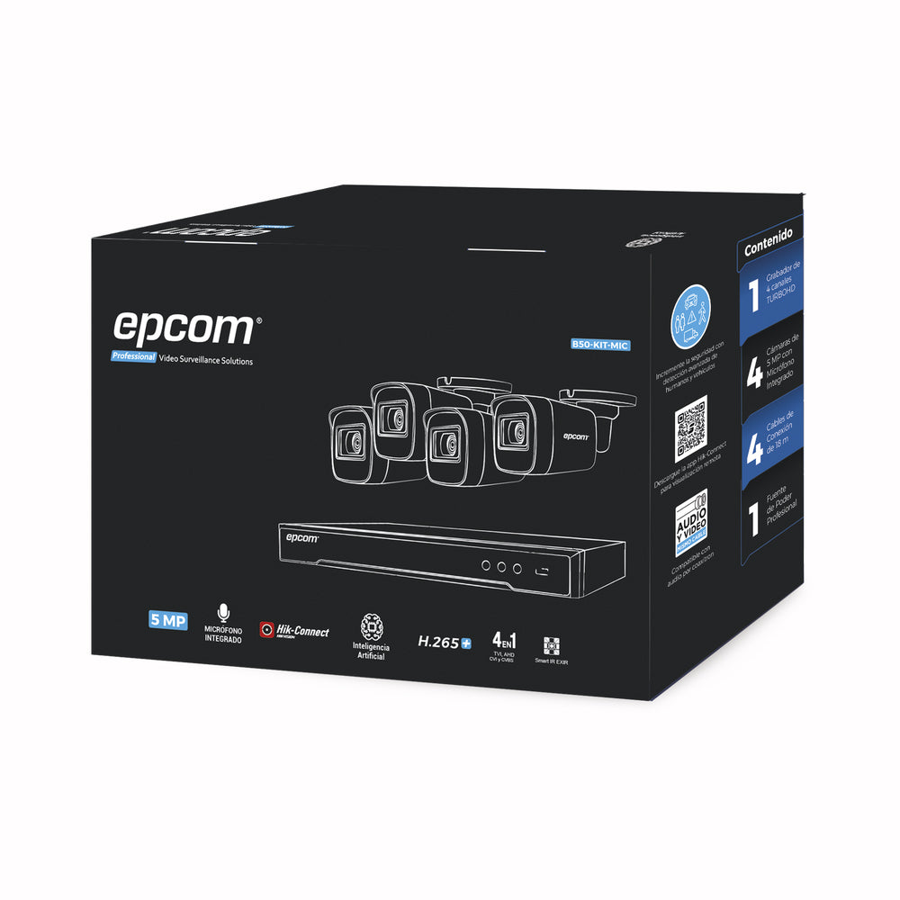 KIT TURBOHD 5MGP DVR 4 CANALES 4 + CAMARAS 5MGP CON MICROFONO INT + 4 CABLES 18M + FUENTE DE PODER PROF