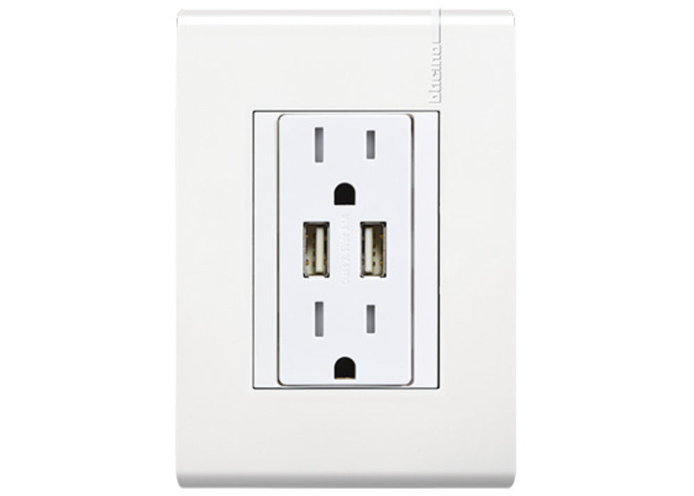 TOMACORRIENTE DUPLEX 2P+T + 2 USB 3.1A CON PROTECCIÓN INFANTIL 15A 127-250V PLACA BLANCA